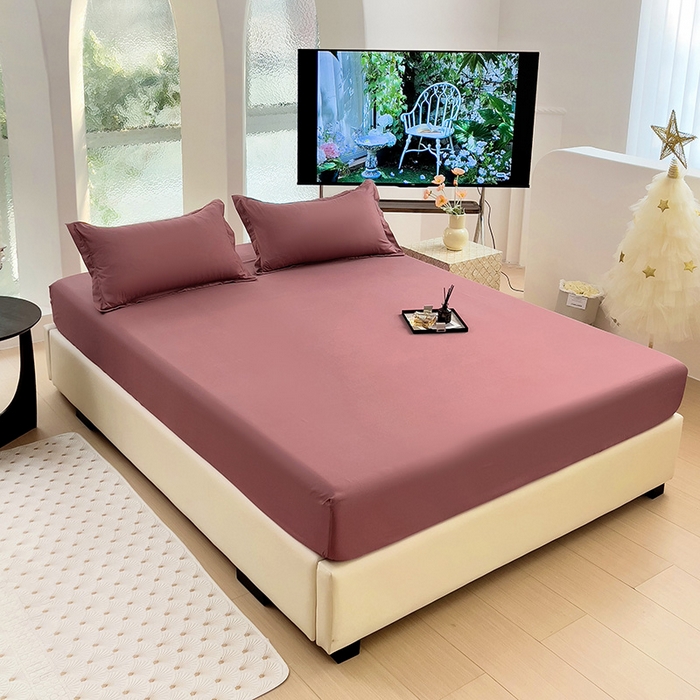 91家纺网 家纺一手货源 找家纺  楠沐家纺 2025新款纯色亲肤芦荟棉水洗棉床笠 深豆沙