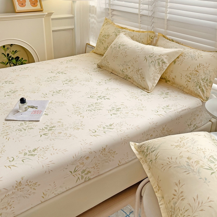 91家纺网 家纺一手货源 找家纺  楠沐家纺 2026新款印花亲肤芦荟棉水洗棉床笠 仙草