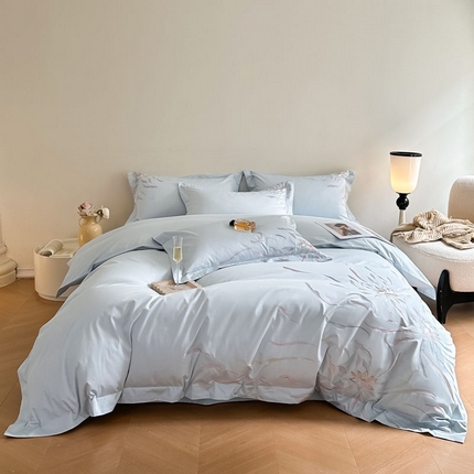 爱缦 2024新款80支新疆棉刺绣四件套--薄雾云裳系列 云蓝