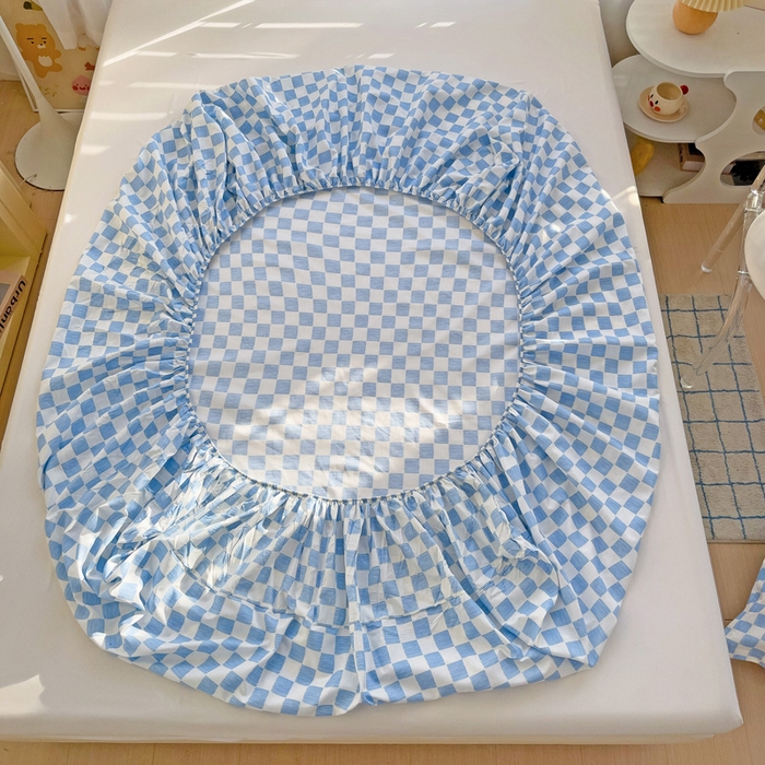 91家纺网 家纺一手货源 找家纺  楠沐家纺 2026新款印花亲肤芦荟棉水洗棉床笠 棋盘格蓝