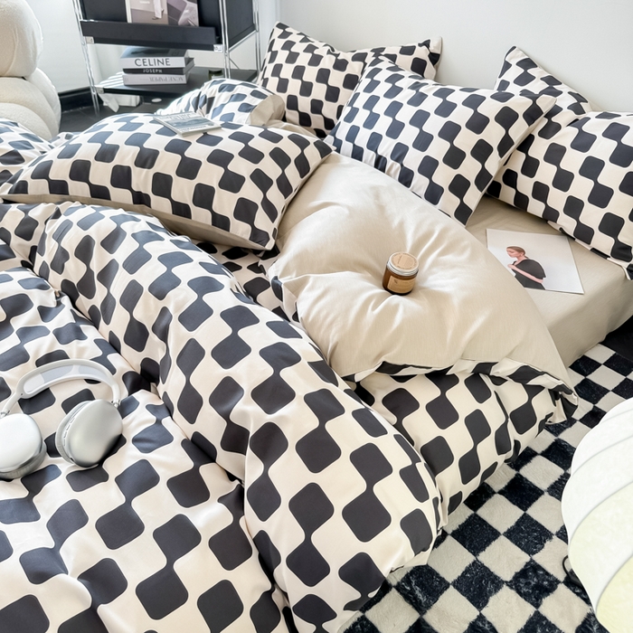 91家纺网 家纺一手货源 找家纺 呗旺鹿 2024新款休闲风全棉纯棉四件套 黑米格