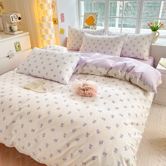 91家纺网 家纺一手货源 找家纺 沐棉家居 2024新款小清新全棉13372印花单被套 紫色花语