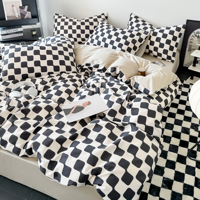 91家纺网 家纺一手货源 找家纺 呗旺鹿 2024新款休闲风全棉纯棉四件套 黑米格