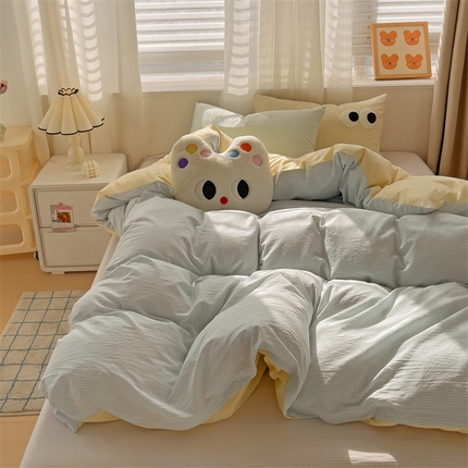 丽涵家纺 2024新款ins风混搭水洗棉全棉毛巾绣系列格子四件套 混搭蓝黄紫