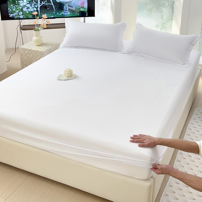 91家纺网 家纺一手货源 找家纺  楠沐家纺 2025新款纯色亲肤芦荟棉水洗棉床笠 本白