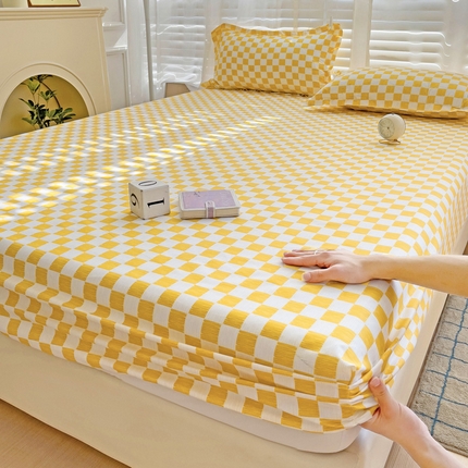  楠沐家纺 2025新款印花亲肤芦荟棉水洗棉床笠 波浪纹-黄