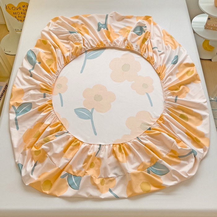 91家纺网 家纺一手货源 找家纺  楠沐家纺 2026新款印花亲肤芦荟棉水洗棉床笠 春色暖阳