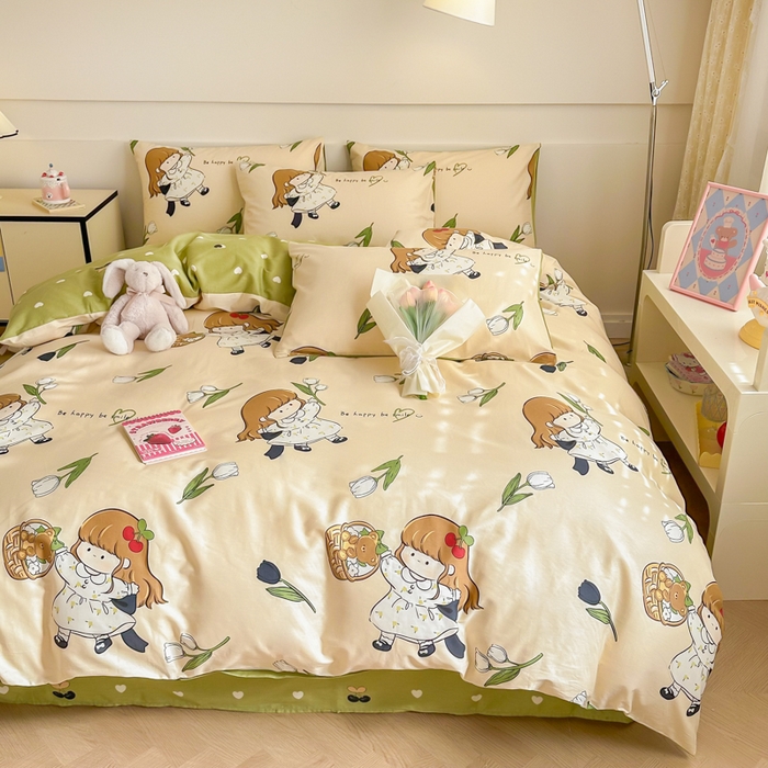 91家纺网 家纺一手货源 找家纺 呗旺鹿 2024新款小清新全棉纯棉四件套欧尼酱