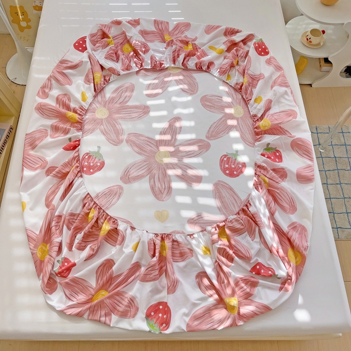 91家纺网 家纺一手货源 找家纺  楠沐家纺 2025新款印花亲肤芦荟棉水洗棉床笠 阳光花苑-粉