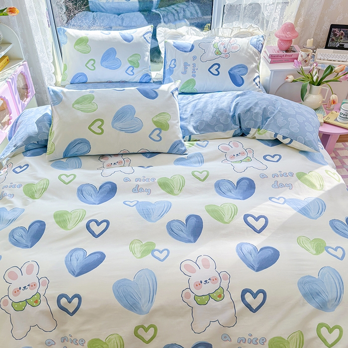 91家纺网 家纺一手货源 找家纺  琪格格纺织 2024新款13372全棉印花小清新四件套 爱心兔