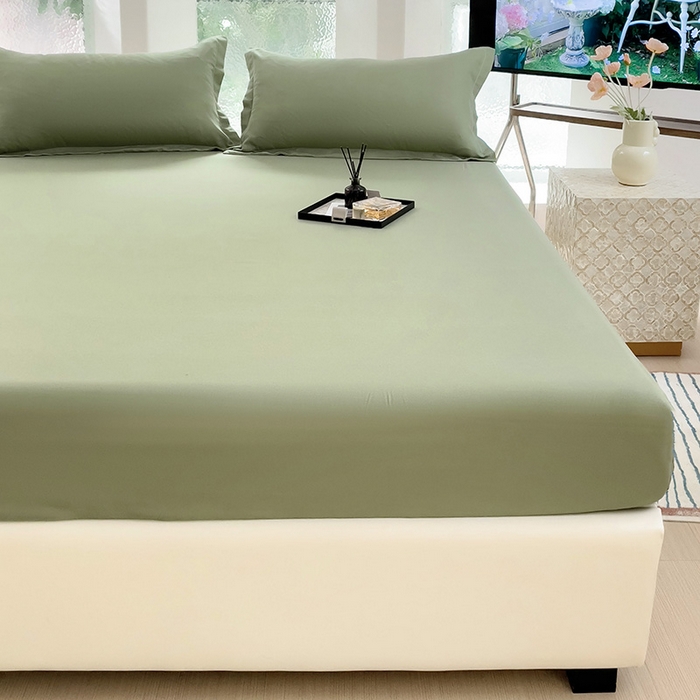 91家纺网 家纺一手货源 找家纺  楠沐家纺 2025新款纯色亲肤芦荟棉水洗棉床笠 深绿