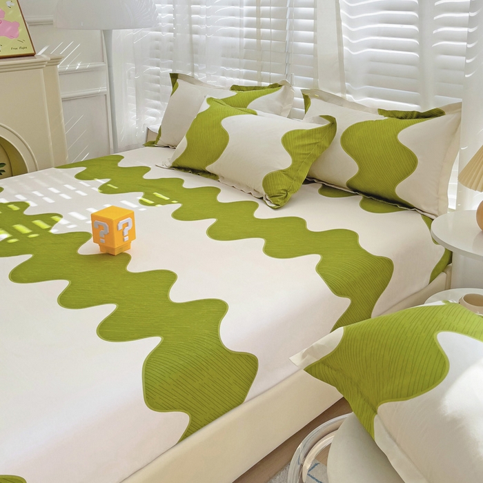 91家纺网 家纺一手货源 找家纺  楠沐家纺 2026新款印花亲肤芦荟棉水洗棉床笠 波浪纹-绿