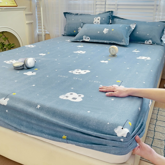 91家纺网 家纺一手货源 找家纺  楠沐家纺 2026新款印花亲肤芦荟棉水洗棉床笠 星星点灯