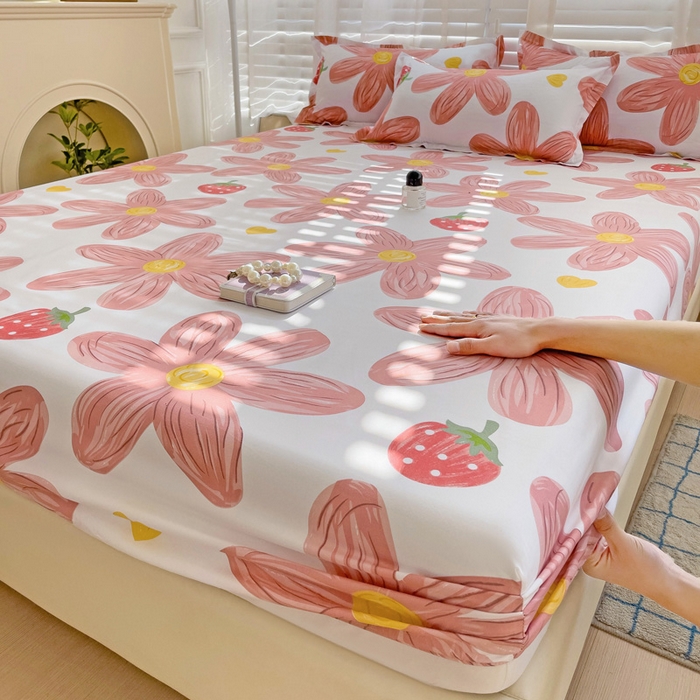 91家纺网 家纺一手货源 找家纺  楠沐家纺 2025新款印花亲肤芦荟棉水洗棉床笠 阳光花苑-粉