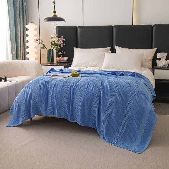 91家纺网 家纺一手货源 找家纺 雯雨家纺 2024老式怀旧A类纯棉毛巾被 蜂窝深蓝