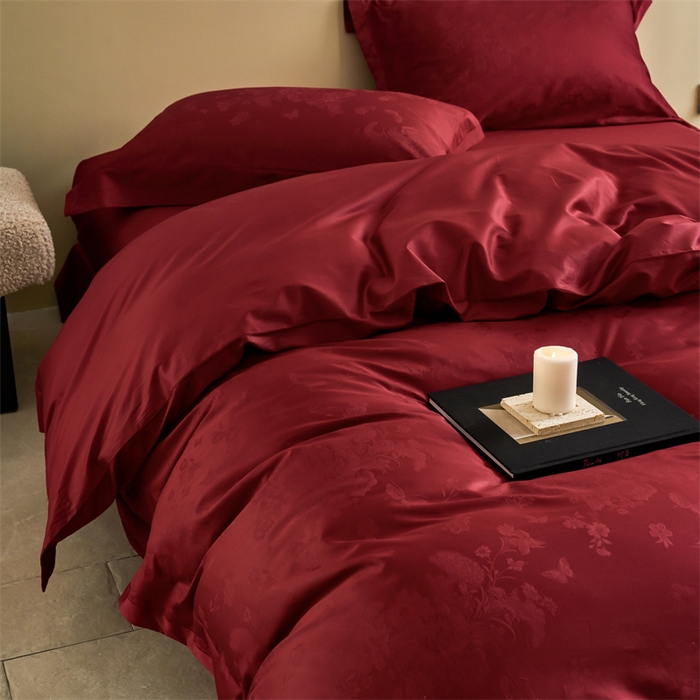 91家纺网 家纺一手货源 找家纺 （总）云胡 2024新款50s双股长绒棉四件套-蝶恋佳人红