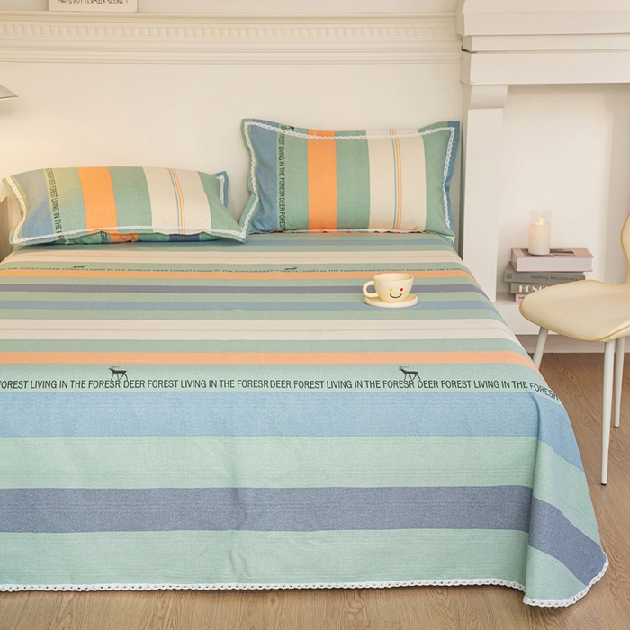 91家纺网 家纺一手货源 找家纺 首爱家纺 2025新款花边老粗布印花床单系列套件 时尚鹿条