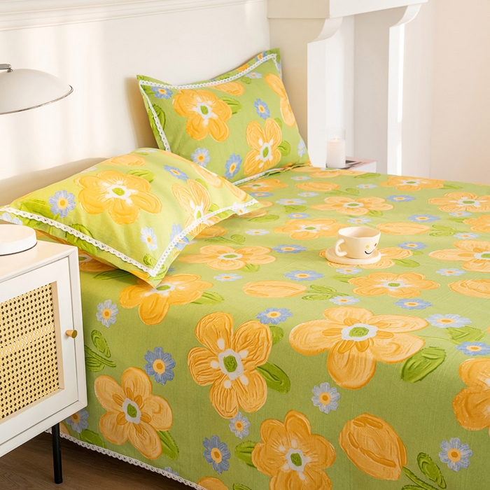 91家纺网 家纺一手货源 找家纺 首爱家纺 2025新款花边老粗布印花床单系列套件 时尚花梦