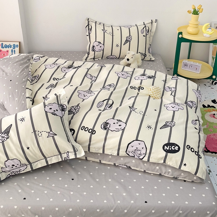 91家纺网 家纺一手货源 找家纺 乐童 2024新款直播爆款13070纯棉印花吊边款一字绣四件套 动感地带