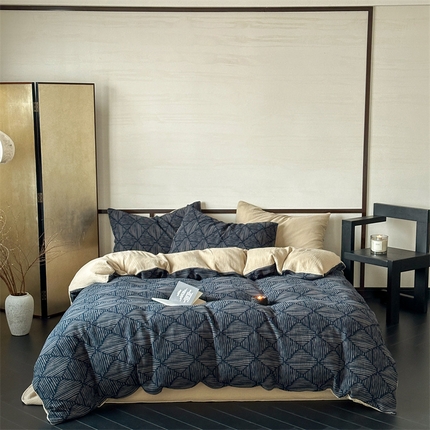 91家纺网 家纺一手货源 找家纺 山舍家居 2024新款复古双层皱皱纱色织提花四件套 黛汐