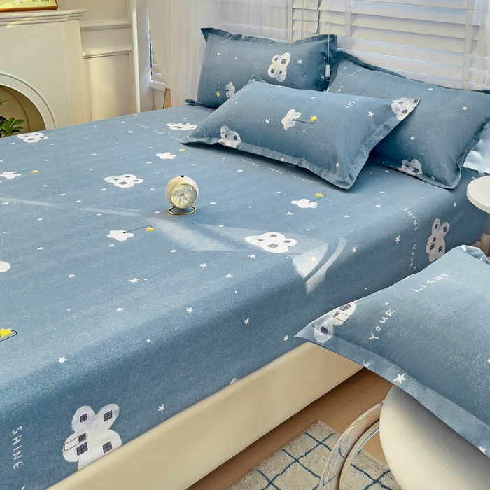 91家纺网 家纺一手货源 找家纺  楠沐家纺 2026新款印花亲肤芦荟棉水洗棉床笠 星星点灯