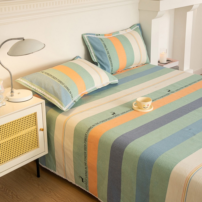 91家纺网 家纺一手货源 找家纺 首爱家纺 2025新款花边老粗布印花床单系列套件 时尚鹿条