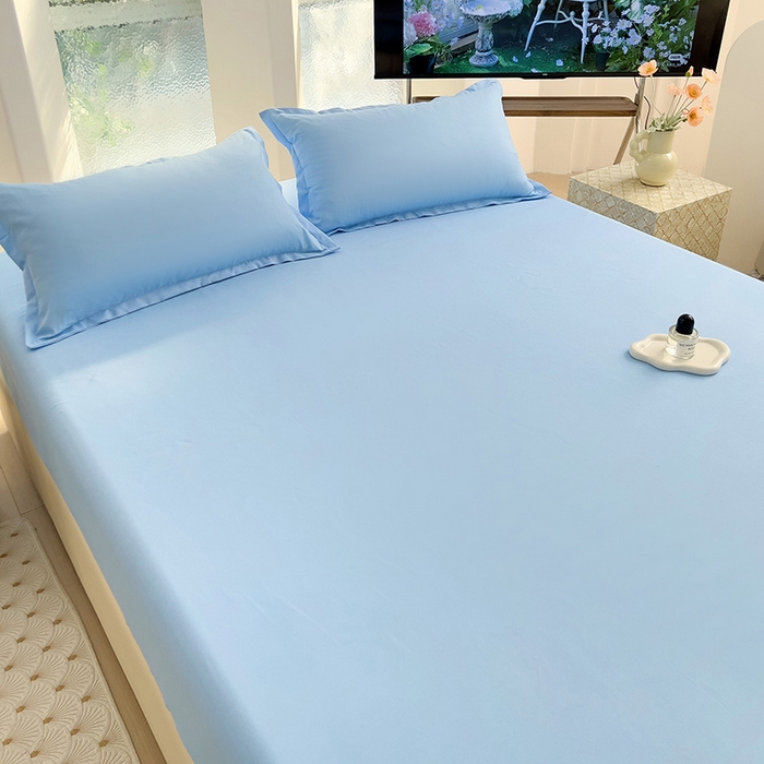 91家纺网 家纺一手货源 找家纺  楠沐家纺 2025新款纯色亲肤芦荟棉水洗棉床笠 天蓝