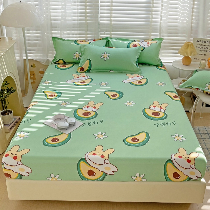 91家纺网 家纺一手货源 找家纺  楠沐家纺 2026新款印花亲肤芦荟棉水洗棉床笠 牛油果小兔