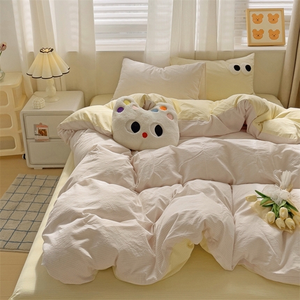 丽涵家纺 2024新款ins风混搭水洗棉全棉毛巾绣系列格子四件套 混搭紫奶油