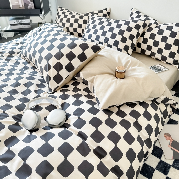 91家纺网 家纺一手货源 找家纺 呗旺鹿 2024新款休闲风全棉纯棉四件套 黑米格