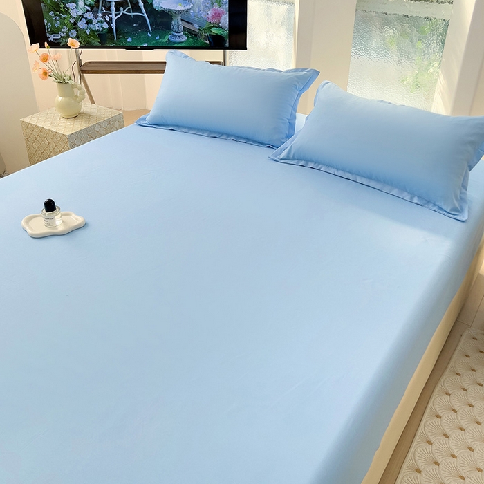 91家纺网 家纺一手货源 找家纺  楠沐家纺 2025新款纯色亲肤芦荟棉水洗棉床笠 天蓝