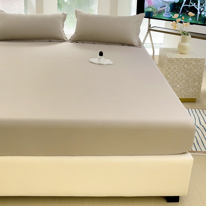 91家纺网 家纺一手货源 找家纺  楠沐家纺 2025新款纯色亲肤芦荟棉水洗棉床笠 浅驼