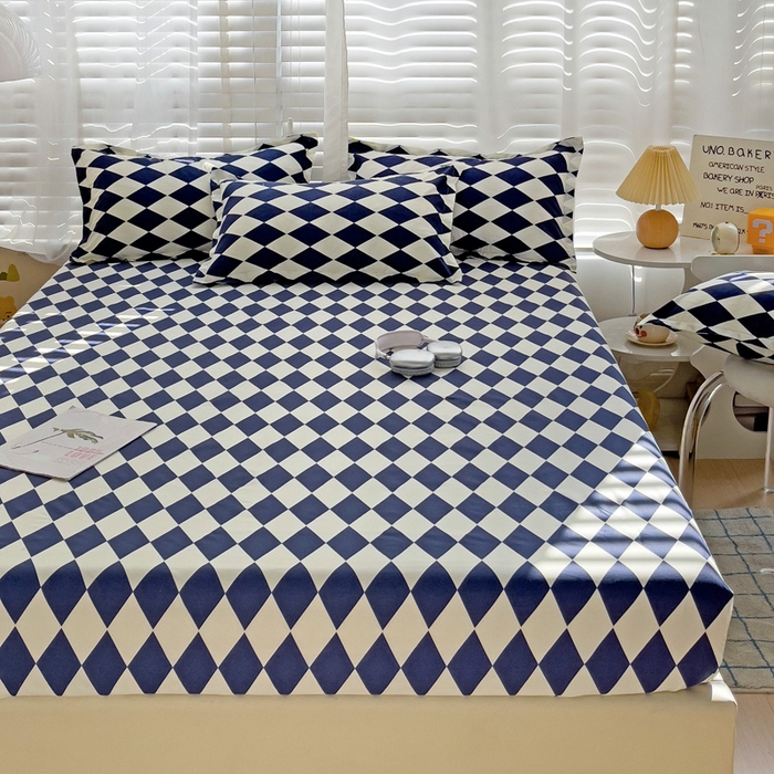 91家纺网 家纺一手货源 找家纺  楠沐家纺 2025新款印花亲肤芦荟棉水洗棉床笠 克莱因蓝