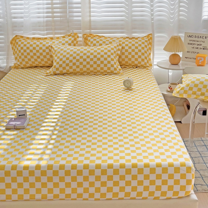 91家纺网 家纺一手货源 找家纺  楠沐家纺 2025新款印花亲肤芦荟棉水洗棉床笠 波浪纹-黄