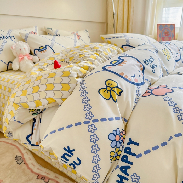 91家纺网 家纺一手货源 找家纺 呗旺鹿 2024新款小清新全棉纯棉四件套小懒猫