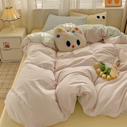 丽涵家纺 2024新款ins风混搭水洗棉全棉毛巾绣系列格子四件套 混搭紫绿黄