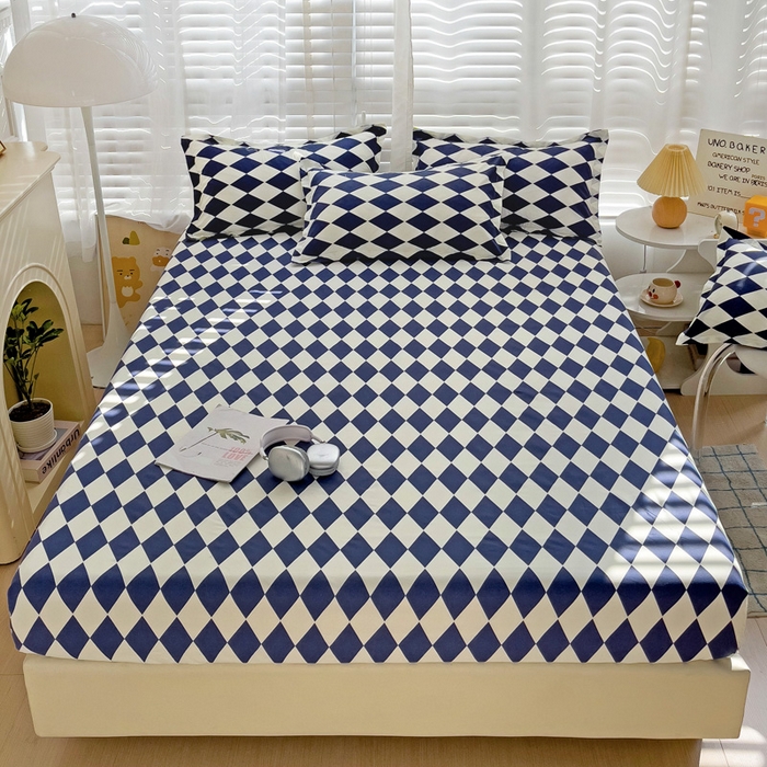 91家纺网 家纺一手货源 找家纺  楠沐家纺 2025新款印花亲肤芦荟棉水洗棉床笠 克莱因蓝