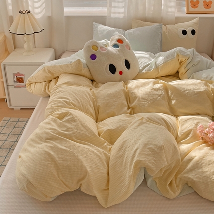 91家纺网 家纺一手货源 找家纺 丽涵家纺 2024新款ins风混搭水洗棉全棉毛巾绣系列格子四件套 混搭黄绿紫