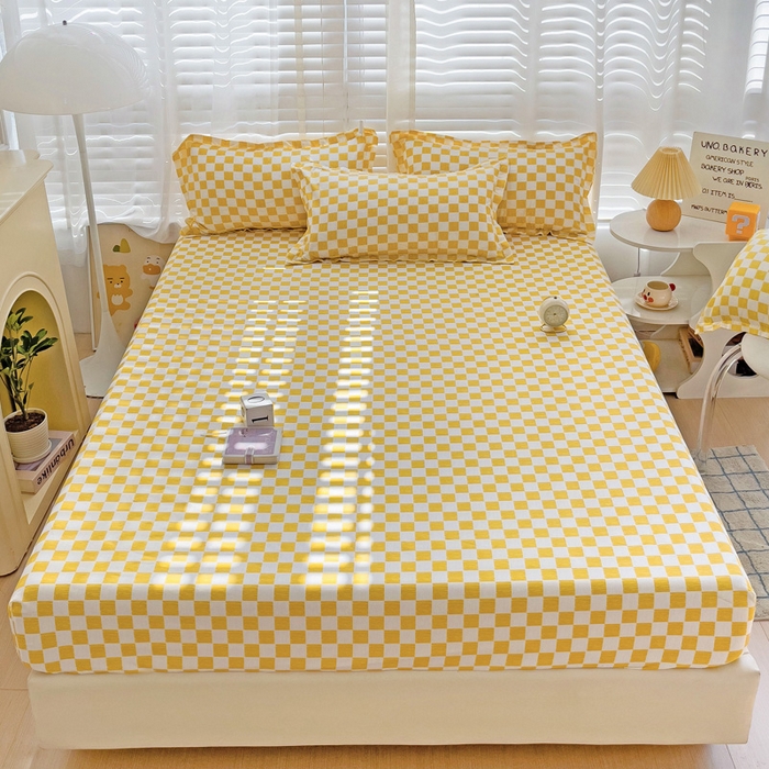 91家纺网 家纺一手货源 找家纺  楠沐家纺 2025新款印花亲肤芦荟棉水洗棉床笠 波浪纹-黄