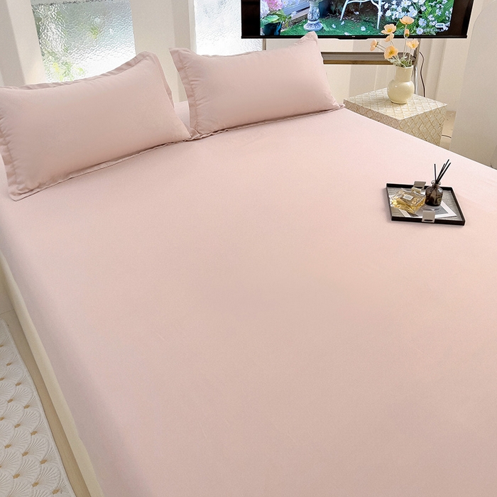 91家纺网 家纺一手货源 找家纺  楠沐家纺 2025新款纯色亲肤芦荟棉水洗棉床笠 粉红