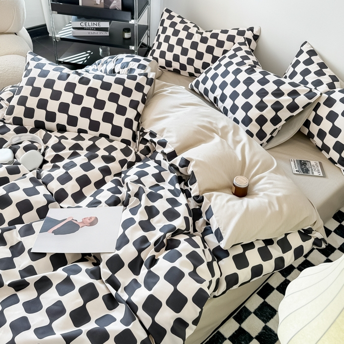 91家纺网 家纺一手货源 找家纺 呗旺鹿 2024新款休闲风全棉纯棉四件套 黑米格