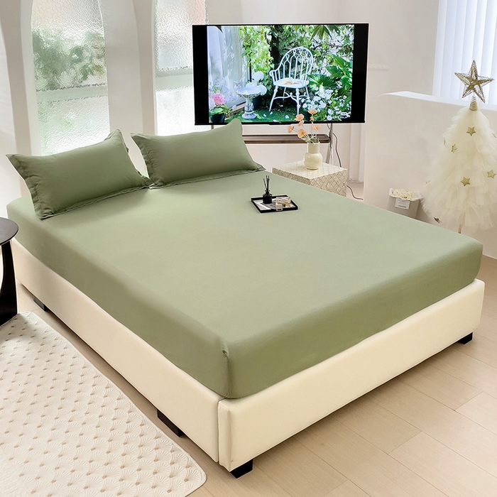 91家纺网 家纺一手货源 找家纺  楠沐家纺 2025新款纯色亲肤芦荟棉水洗棉床笠 深绿