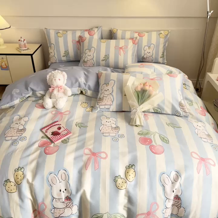 91家纺网 家纺一手货源 找家纺 呗旺鹿 2024新款小清新全棉纯棉四件套兔宝果园