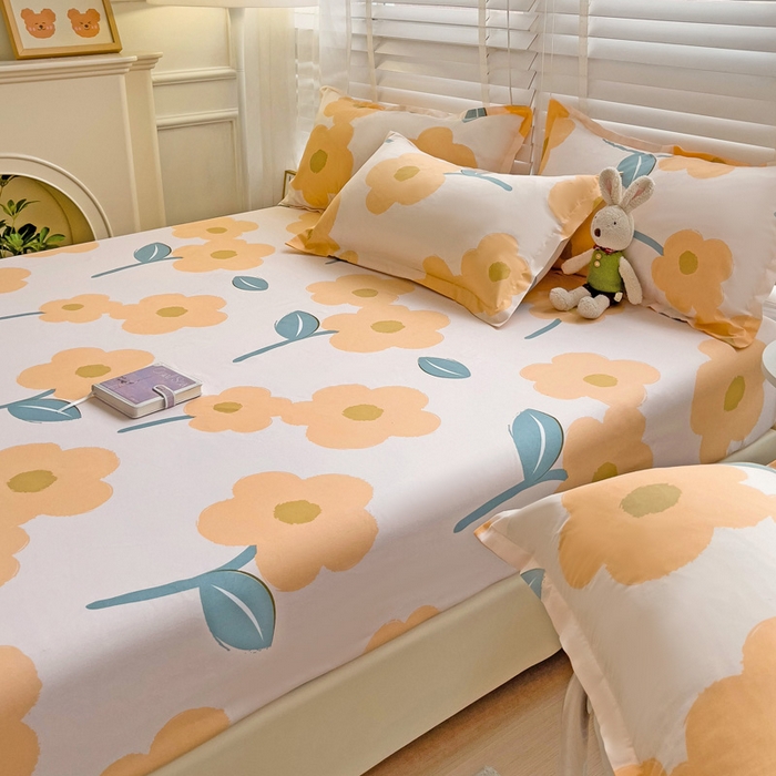 91家纺网 家纺一手货源 找家纺  楠沐家纺 2026新款印花亲肤芦荟棉水洗棉床笠 春色暖阳