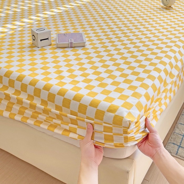 91家纺网 家纺一手货源 找家纺  楠沐家纺 2025新款印花亲肤芦荟棉水洗棉床笠 波浪纹-黄