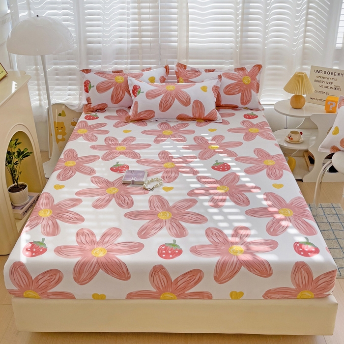 91家纺网 家纺一手货源 找家纺  楠沐家纺 2025新款印花亲肤芦荟棉水洗棉床笠 阳光花苑-粉