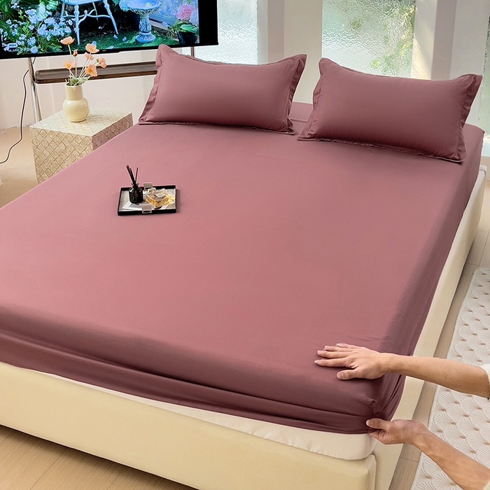 91家纺网 家纺一手货源 找家纺  楠沐家纺 2025新款纯色亲肤芦荟棉水洗棉床笠 深豆沙