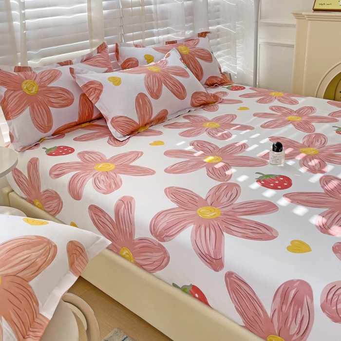 91家纺网 家纺一手货源 找家纺  楠沐家纺 2025新款印花亲肤芦荟棉水洗棉床笠 阳光花苑-粉