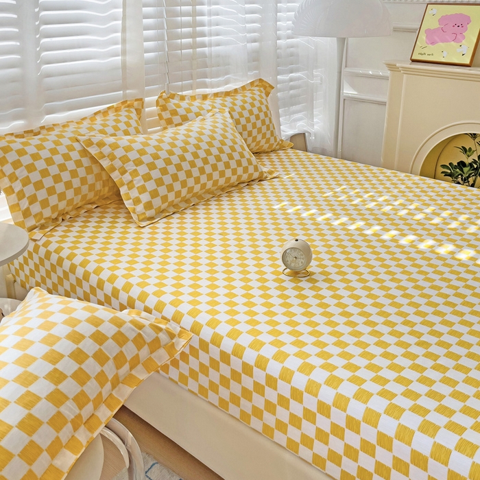 91家纺网 家纺一手货源 找家纺  楠沐家纺 2025新款印花亲肤芦荟棉水洗棉床笠 波浪纹-黄