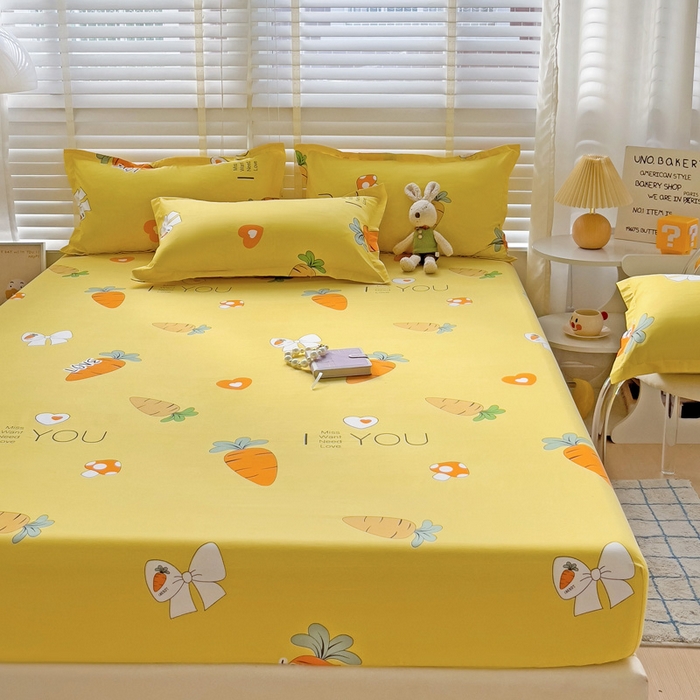 91家纺网 家纺一手货源 找家纺  楠沐家纺 2025新款印花亲肤芦荟棉水洗棉床笠 开心萝卜